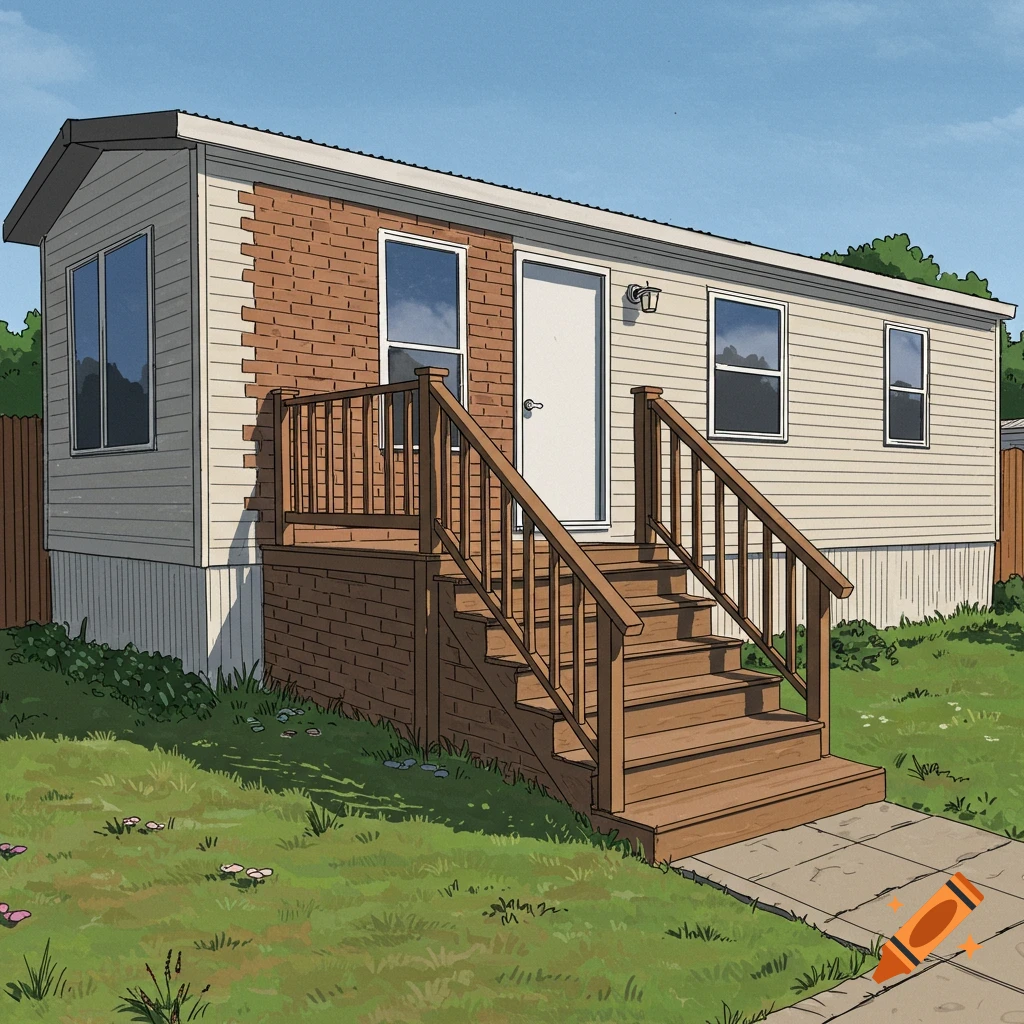 A mobile home with stairs, brick siding, and a front garden.