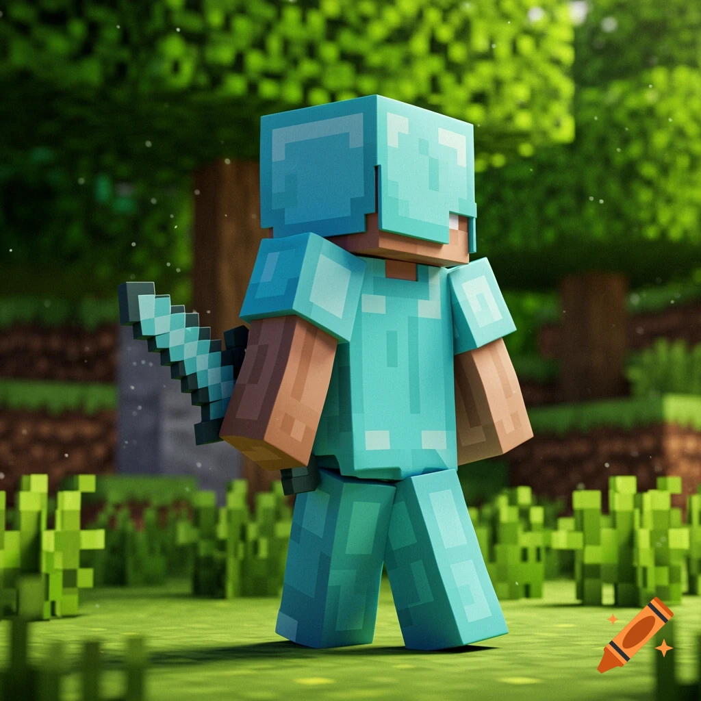 Minecraft Steve in diamond armor holding a sword in a forest biome