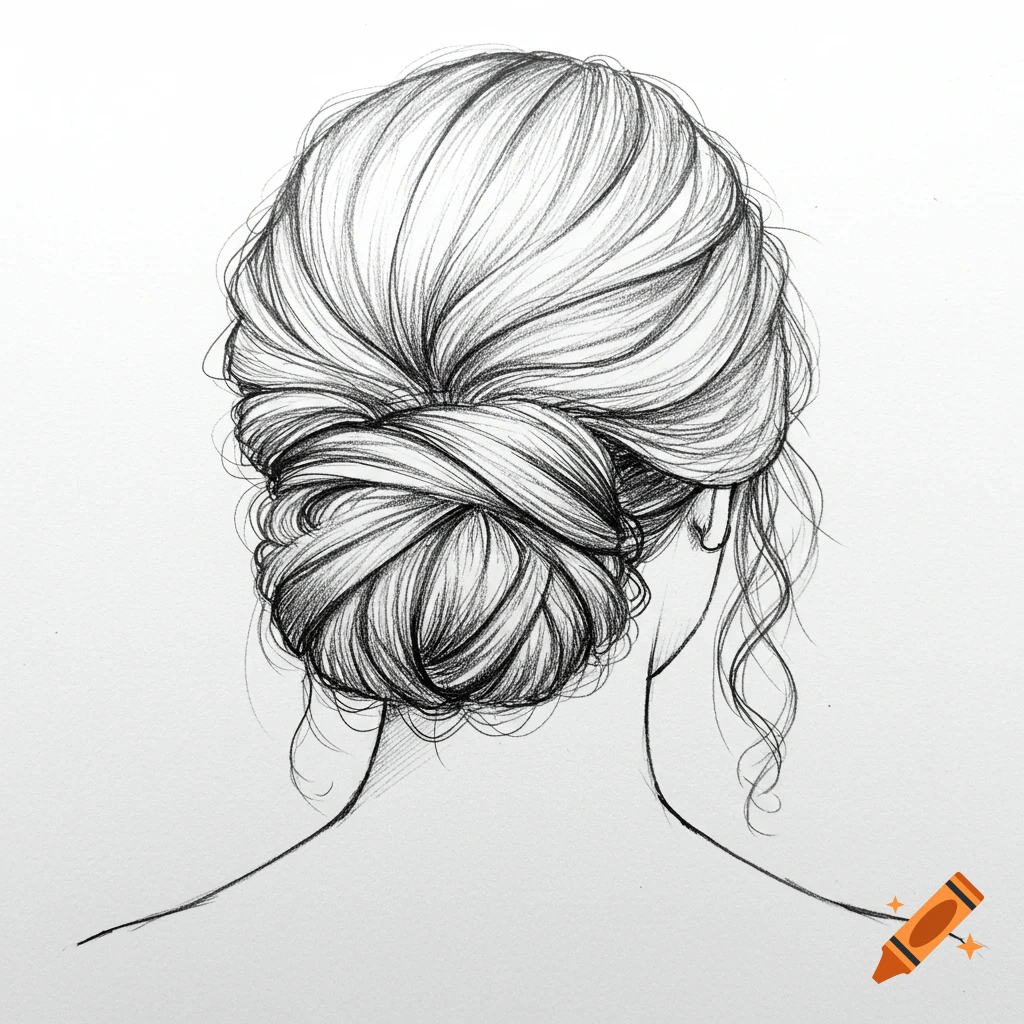 Pencil sketch of a woman's hair styled in a curly low bun seen from the back.
