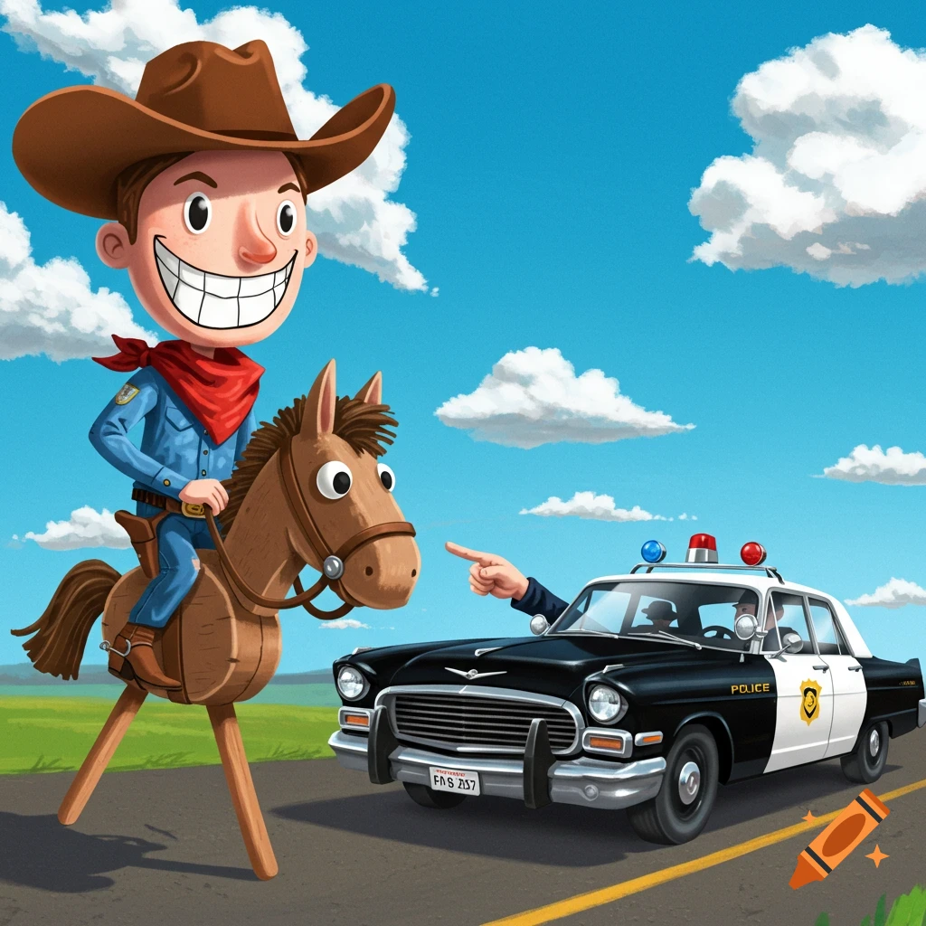 Cartoon cowboy on a stick horse pulled over by a police car.