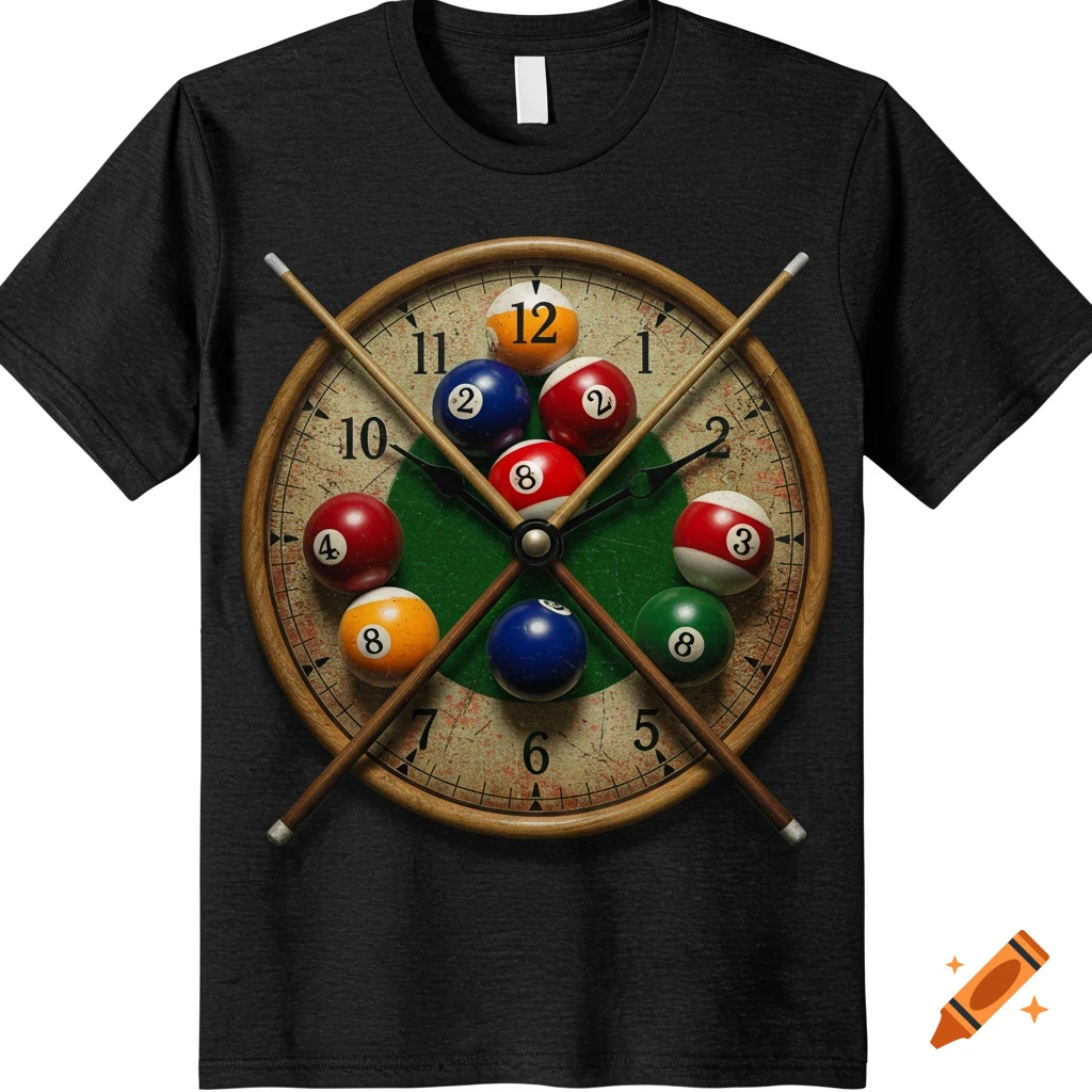 A graphic design on a black t-shirt featuring a clock face with billiards balls as numbers and cues as hands.