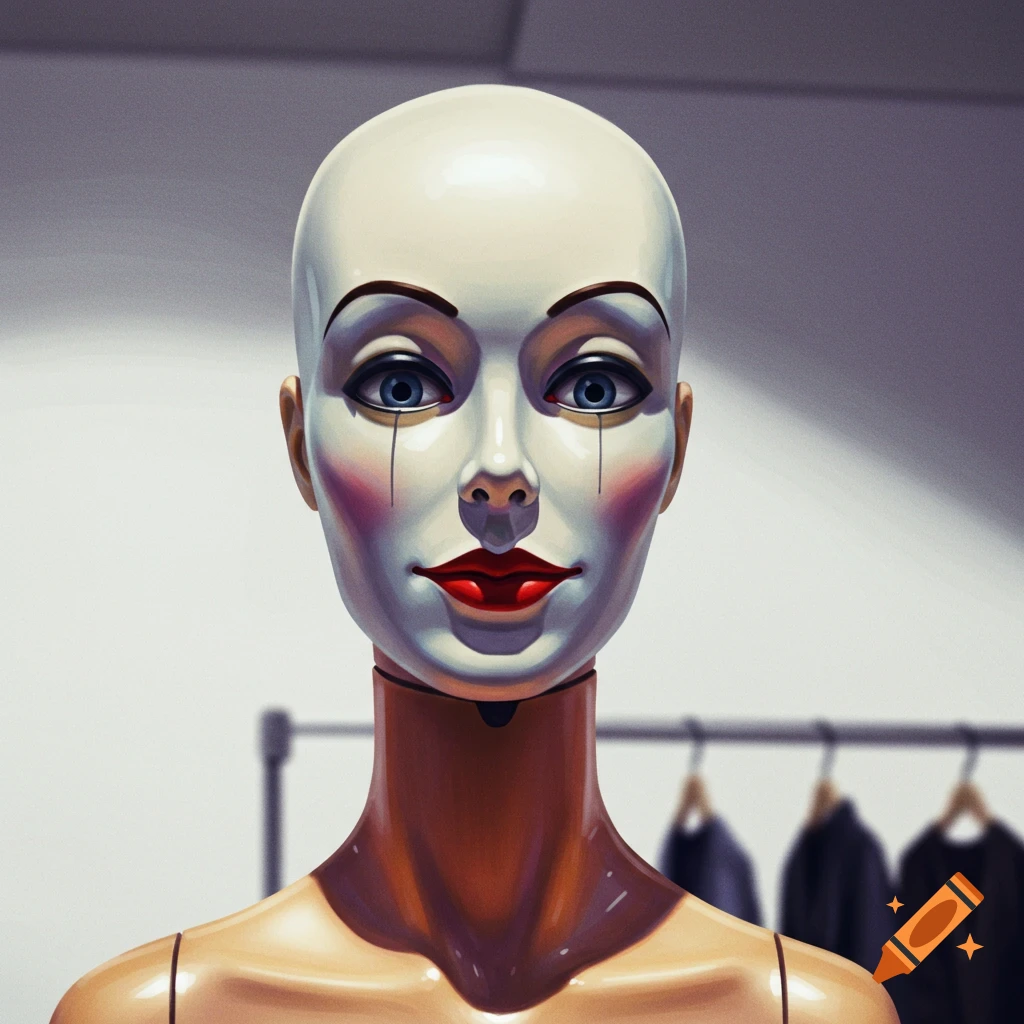 Close-up of a mannequin with red lips, blush, and painted tear streaks, against a blurry background of clothing racks.