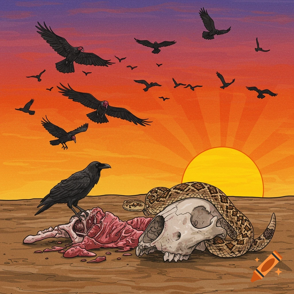 Drawing of vultures and a crow near a carcass and skull with a snake, set against a vibrant desert sunset.
