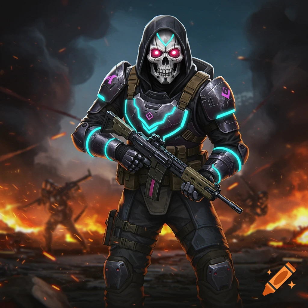 Cartoon-style character with skull mask and glowing armor holding a rifle in a battle scene.