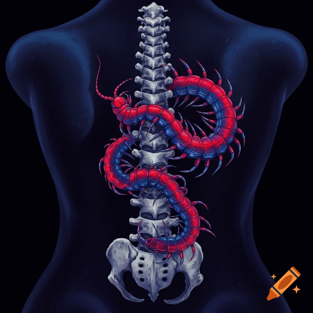 A red and blue centipede is wrapped around a human spine.