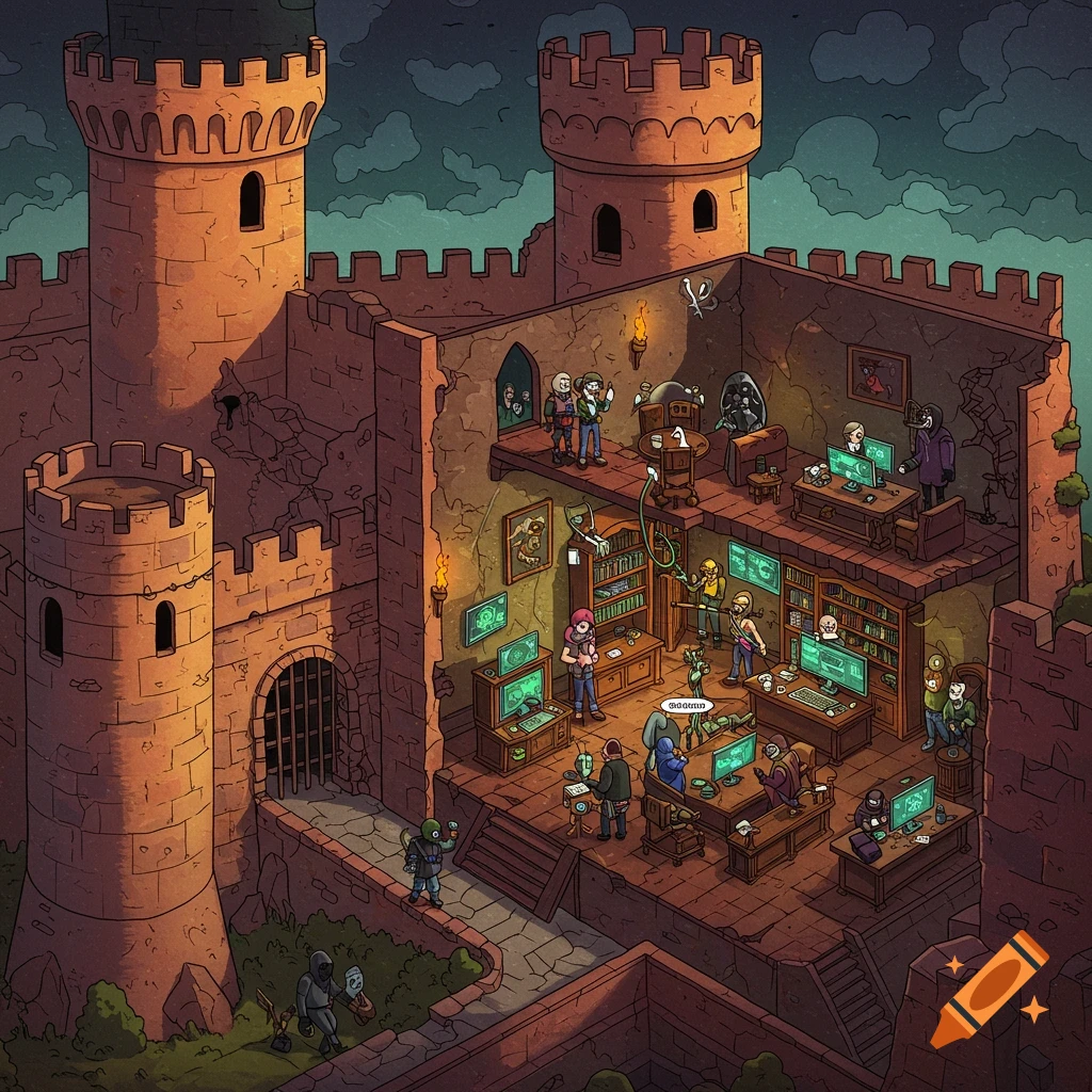 Cartoon cross-section of a castle with fantasy and sci-fi characters working on computers