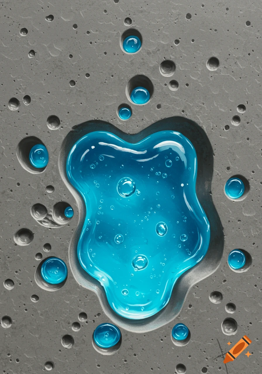 Concrete pores filled with shiny blue gel.