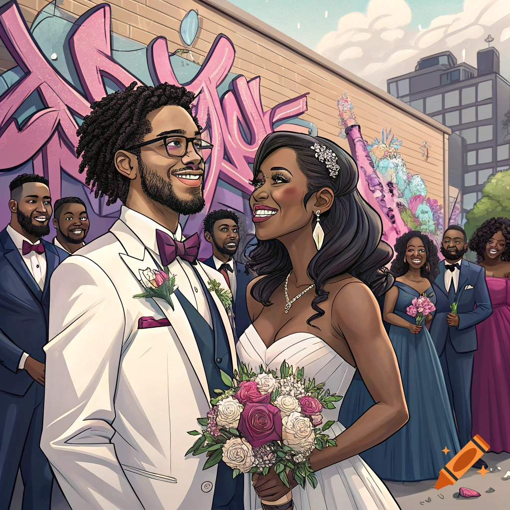 Anime illustration of a wedding couple and wedding party standing in front of a graffiti wall.