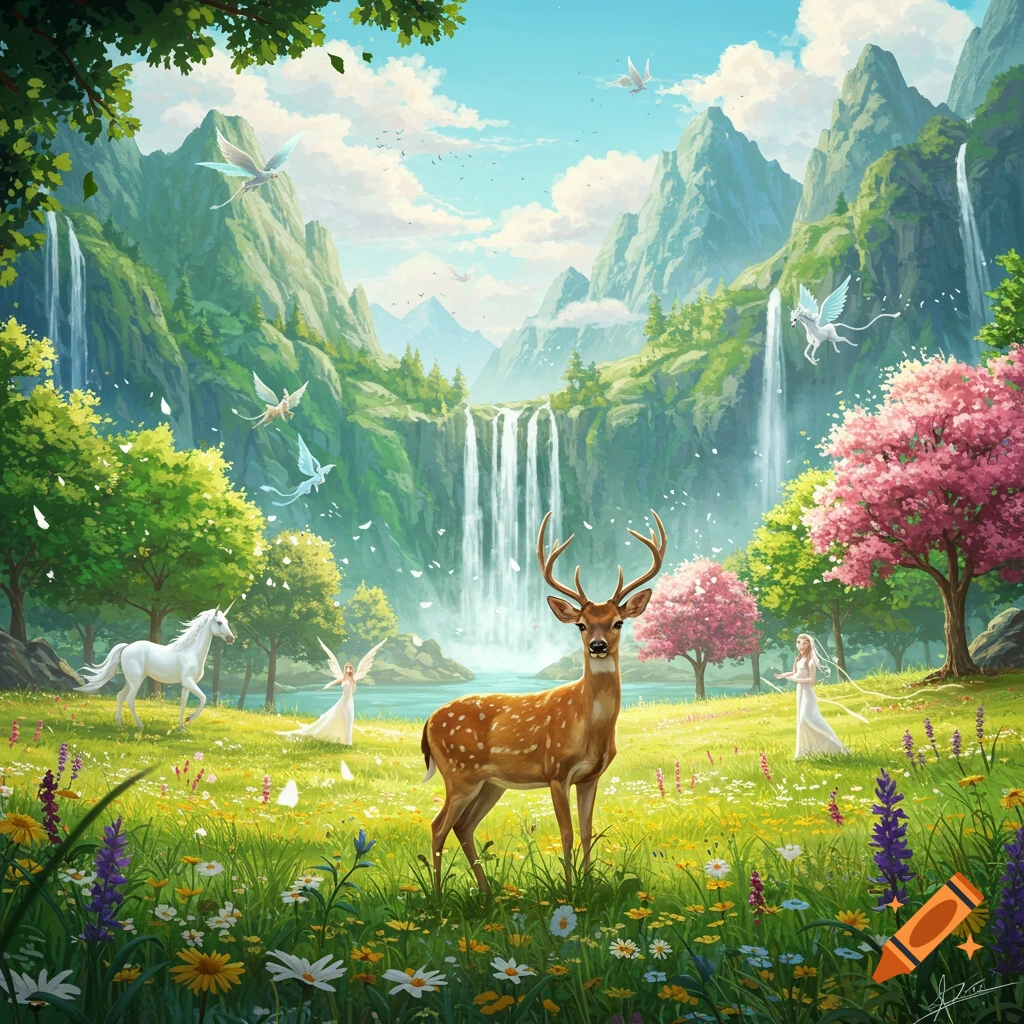 A deer, unicorn, and fairies are in a fantasy landscape with waterfalls and mountains.