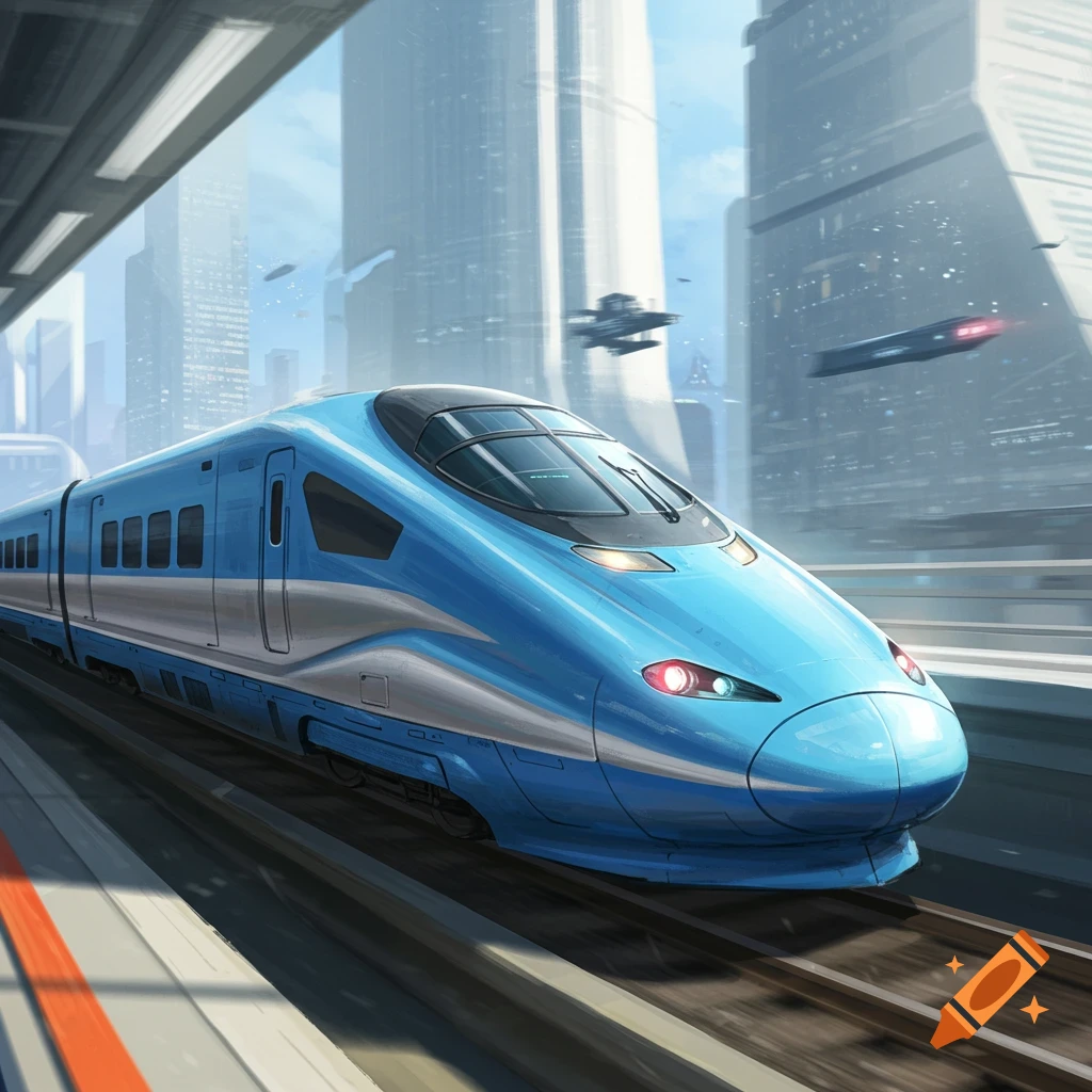 A blue futuristic high-speed train is at a station with tall buildings and flying vehicles in the background.