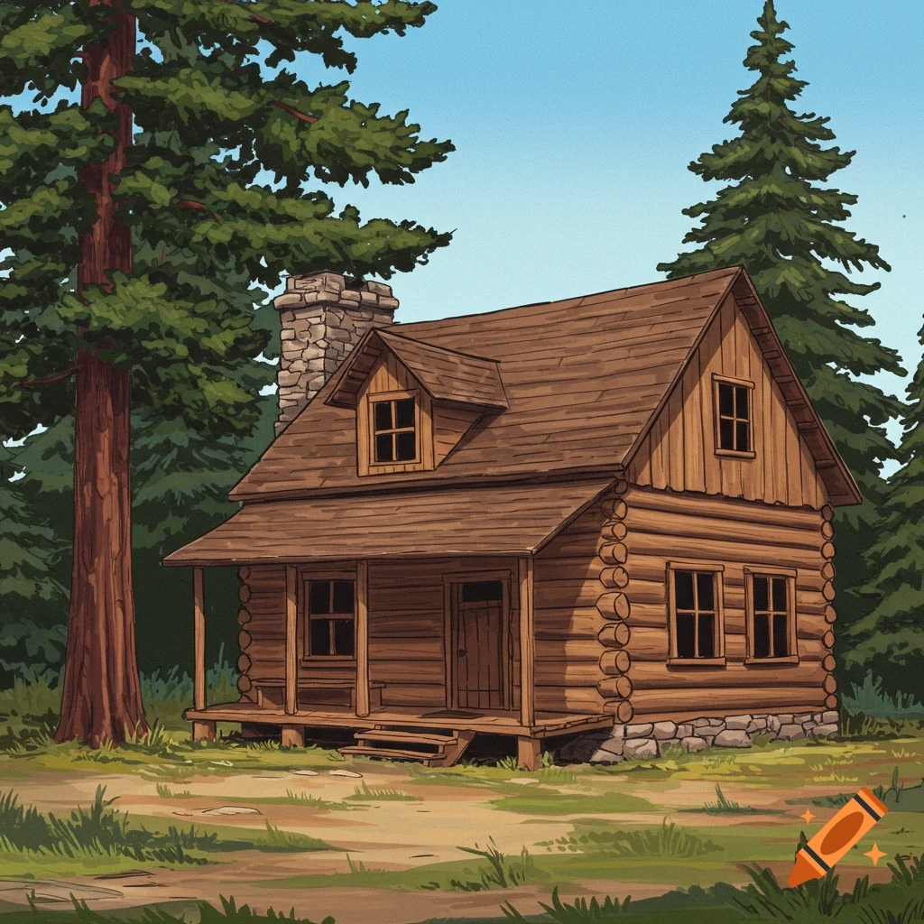 Painted illustration of a log cabin next to a tall pine tree in a forest clearing.