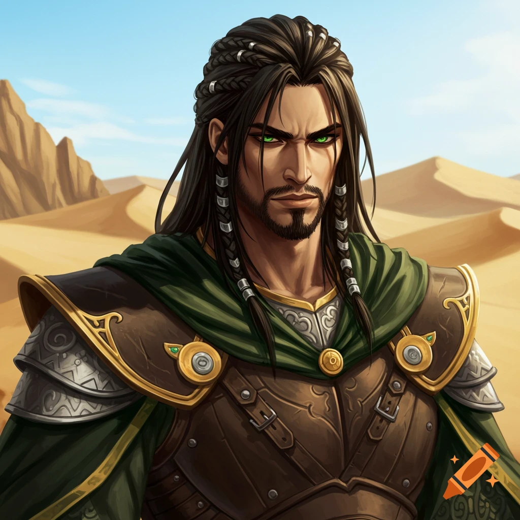 An Arabian warrior with green eyes and black hair stands in a desert