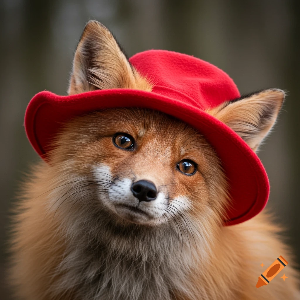 A cute fox wears a red hat and looks forward