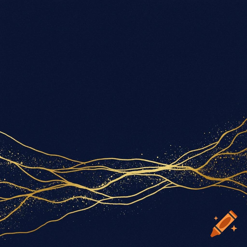 Abstract background with gold wavy lines and dots on dark blue