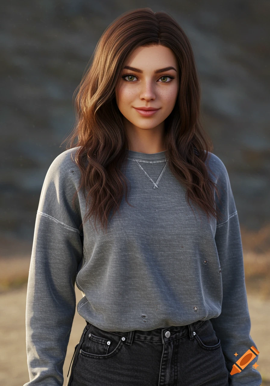 A photorealistic portrait of a young woman with long brown hair and hazel eyes, wearing a gray distressed sweatshirt and dark jeans.