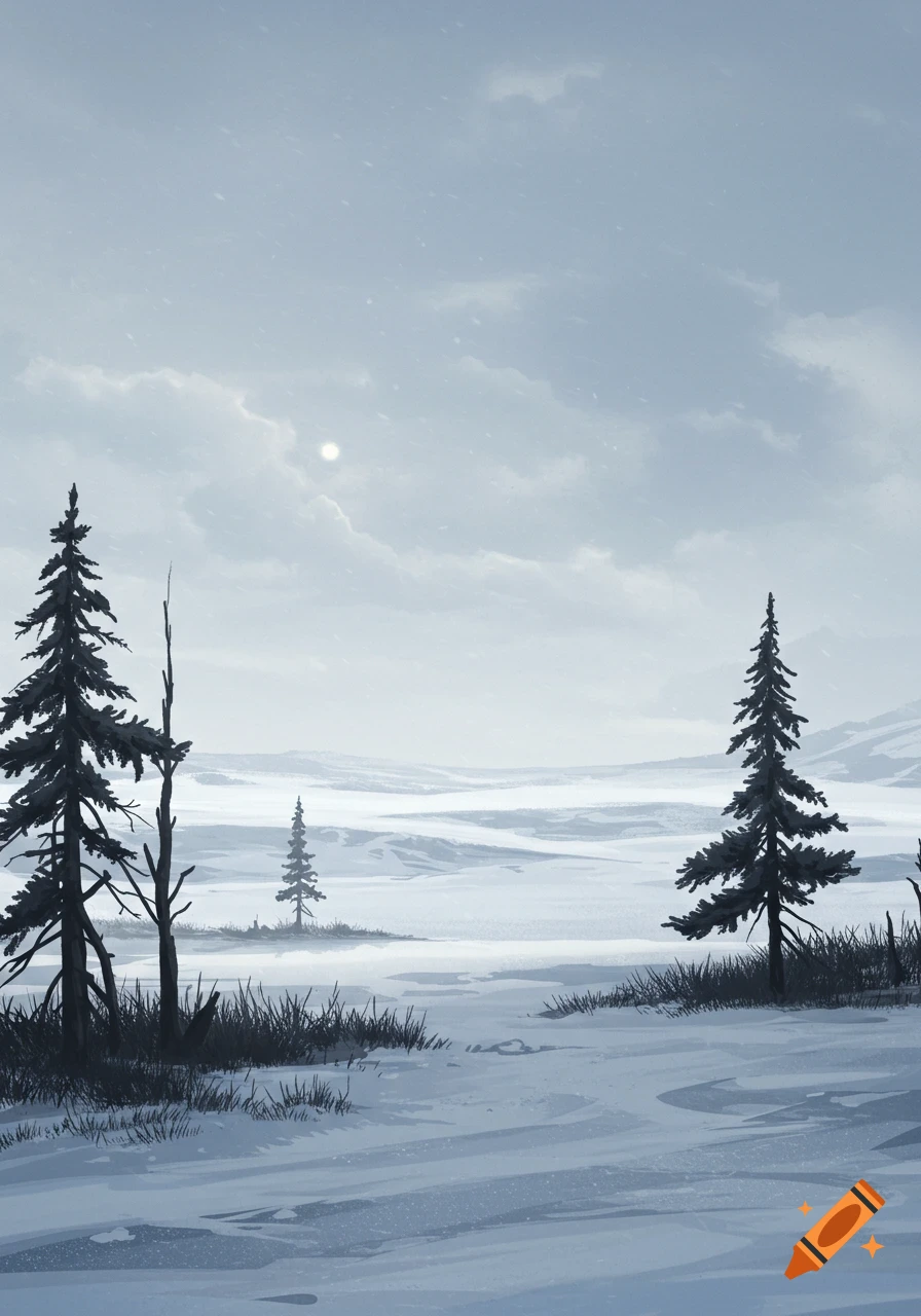 A snowy tundra landscape with trees under a cloudy sky.