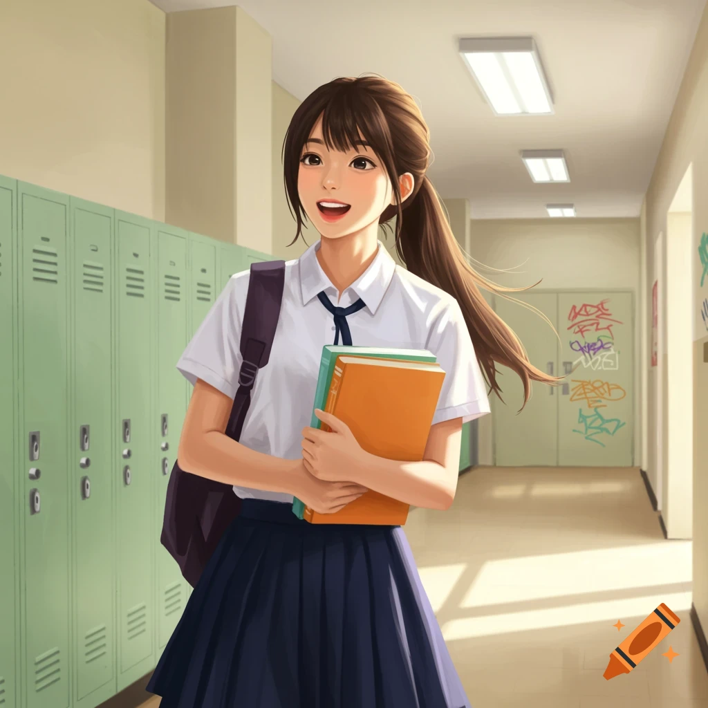 A schoolgirl is standing with books in a school hallway lined with lockers and graffiti.