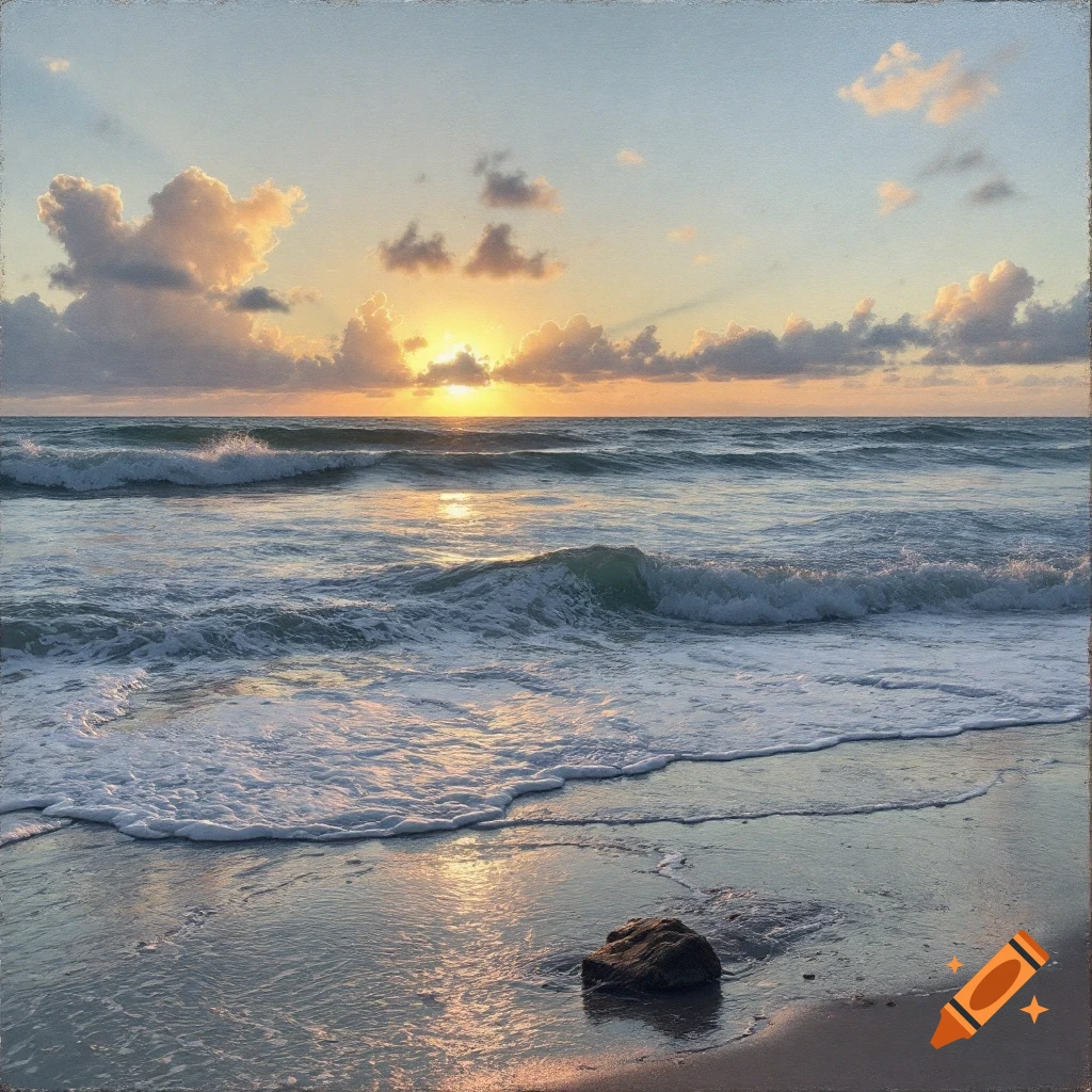Sunset over a beach with waves crashing and a rock in the foreground.