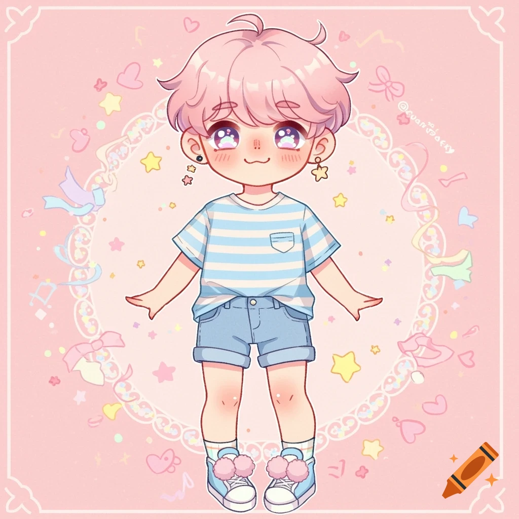 Cute anime boy in pastel colors with pink hair and pom-pom shoes, on pink background.