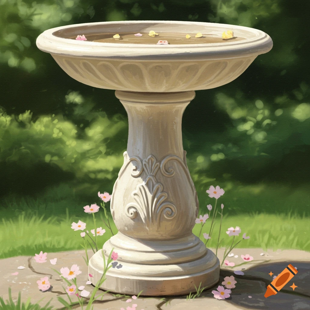 A bird bath in a garden with pink flowers.