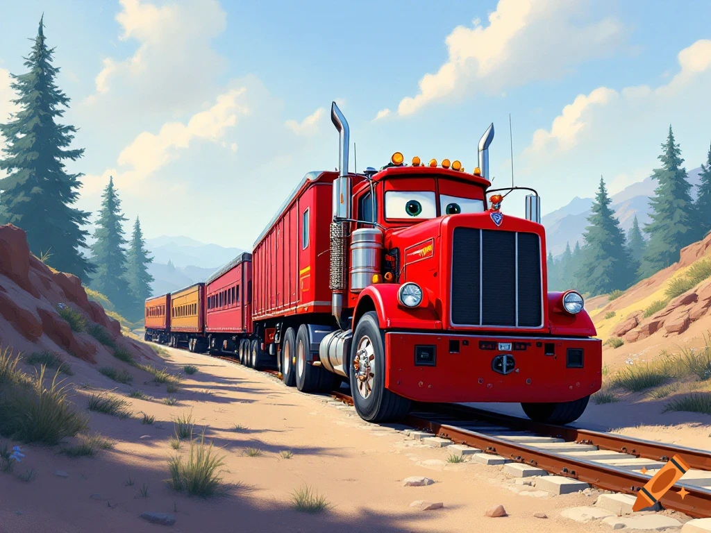 A red cartoon truck character pulls yellow and red train cars on a track next to a dirt road in a mountain landscape.