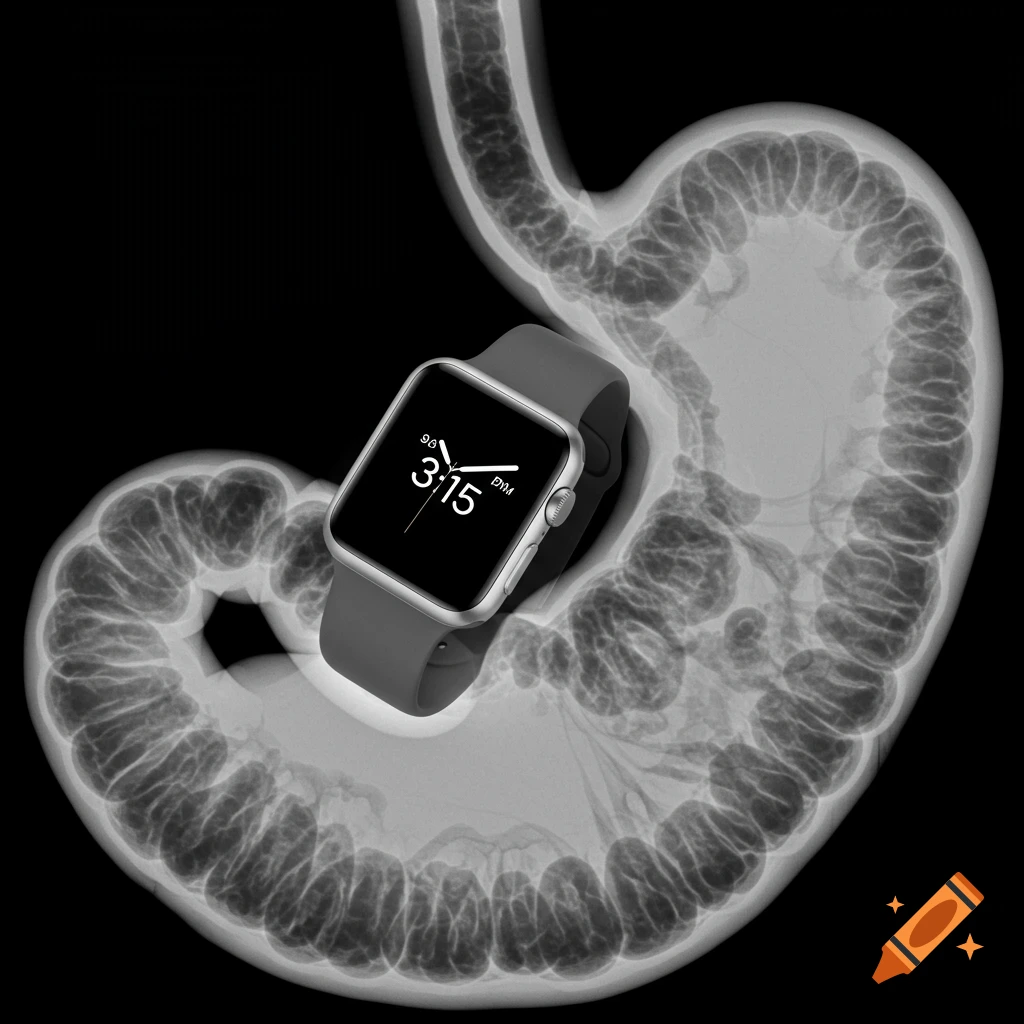 X-ray view of an Apple Watch inside a stomach.