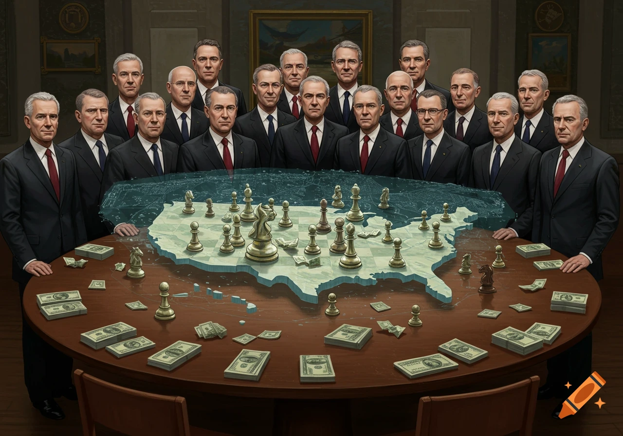 Men around a table with a US map game board, chess pieces, and money.