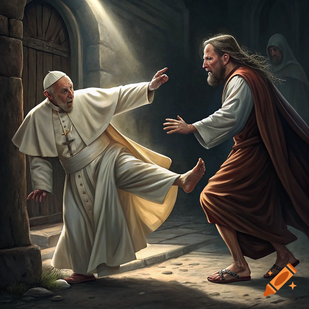 Jesus kicks Pope Francis in a dramatic outdoor scene near a building