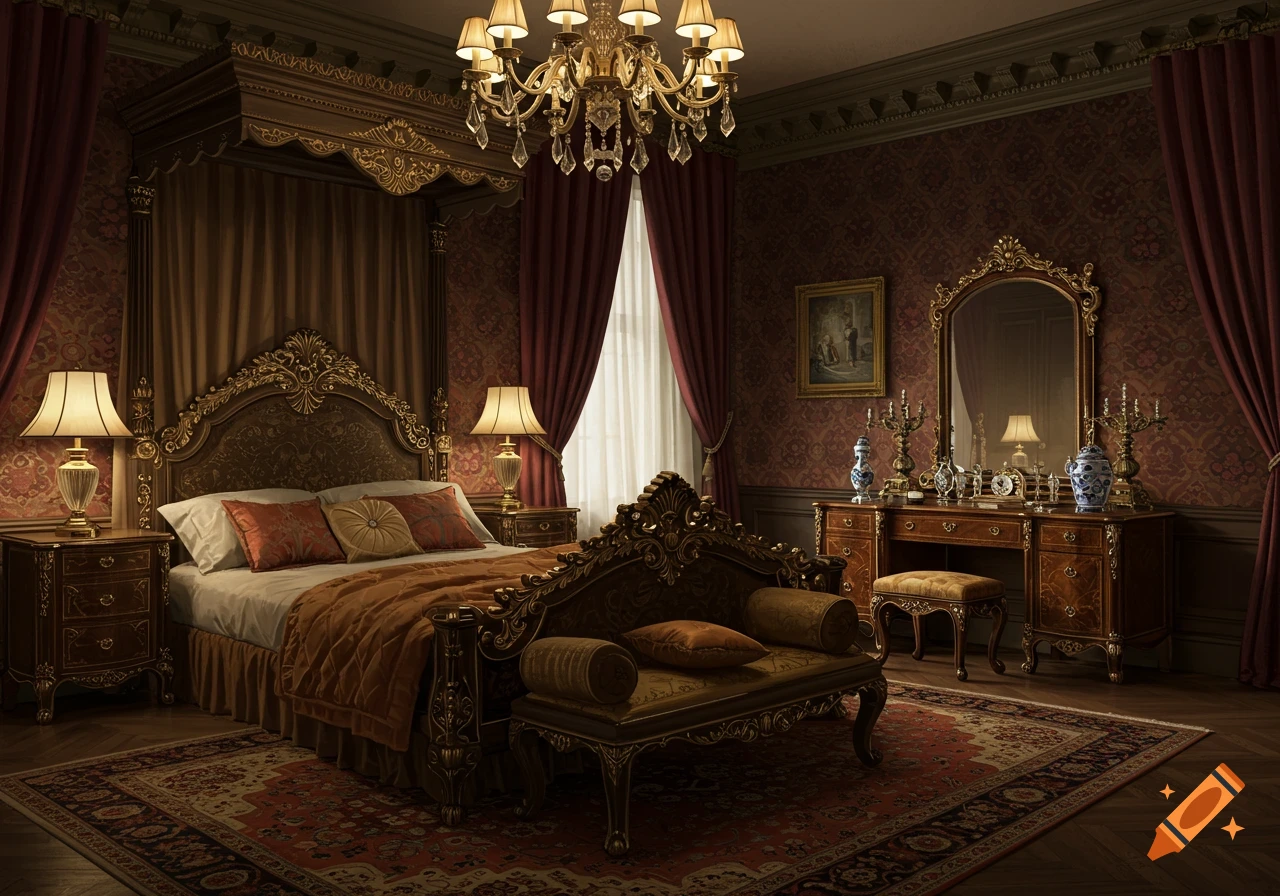 A richly decorated bedroom in Second Empire style with a canopy bed, ornate furniture, and heavy red drapes.