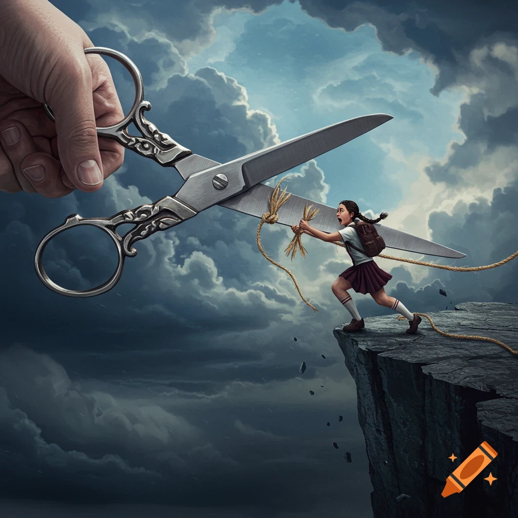 A large hand is shown cutting a rope held by a student standing on a cliff under a stormy sky.