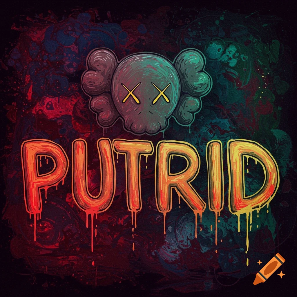 A colorful graffiti style image featuring a skull icon with X eyes above the dripping word 'PUTRID' against a dark, messy background.