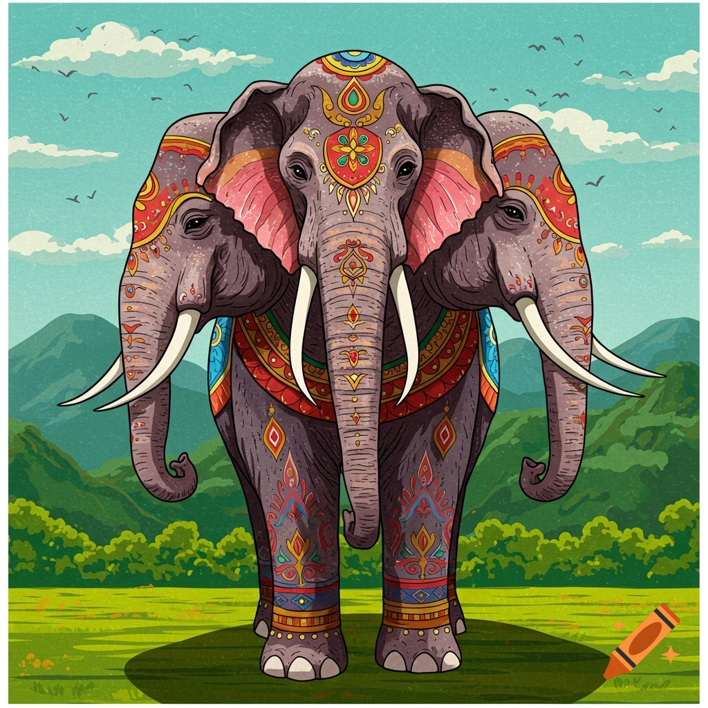 A decorated three-headed elephant in a landscape.
