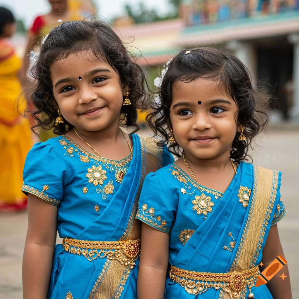 Two smiling young girls in blue and gold traditional Indian dresses.