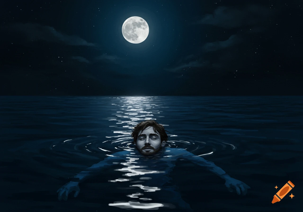 A man floats in the sea at night under a full moon.