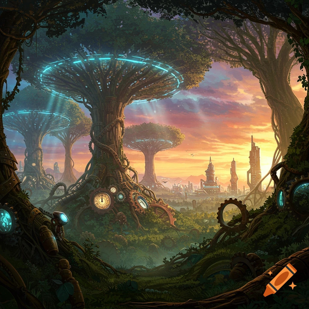 A steampunk fantasy landscape with giant trees, gears, clocks, glowing rings, and a city in the distance at sunset.