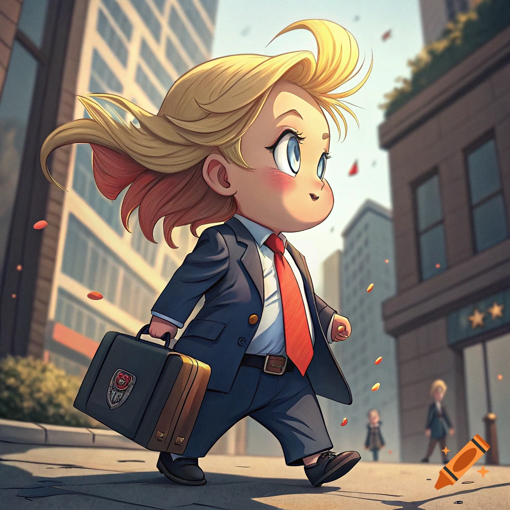 Chibi anime girl in a suit with a briefcase walking in a city street.