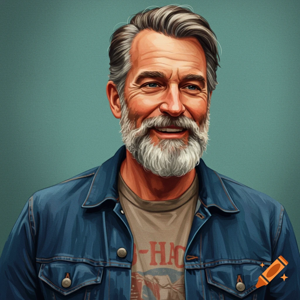Image of a smiling older man with a beard and denim jacket