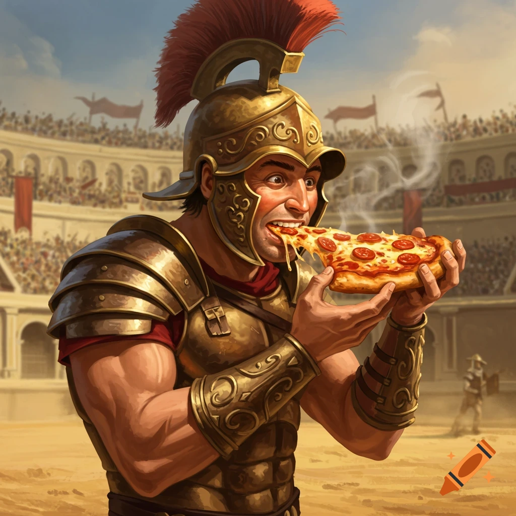A gladiator in a colosseum crowd eating a slice of pizza.