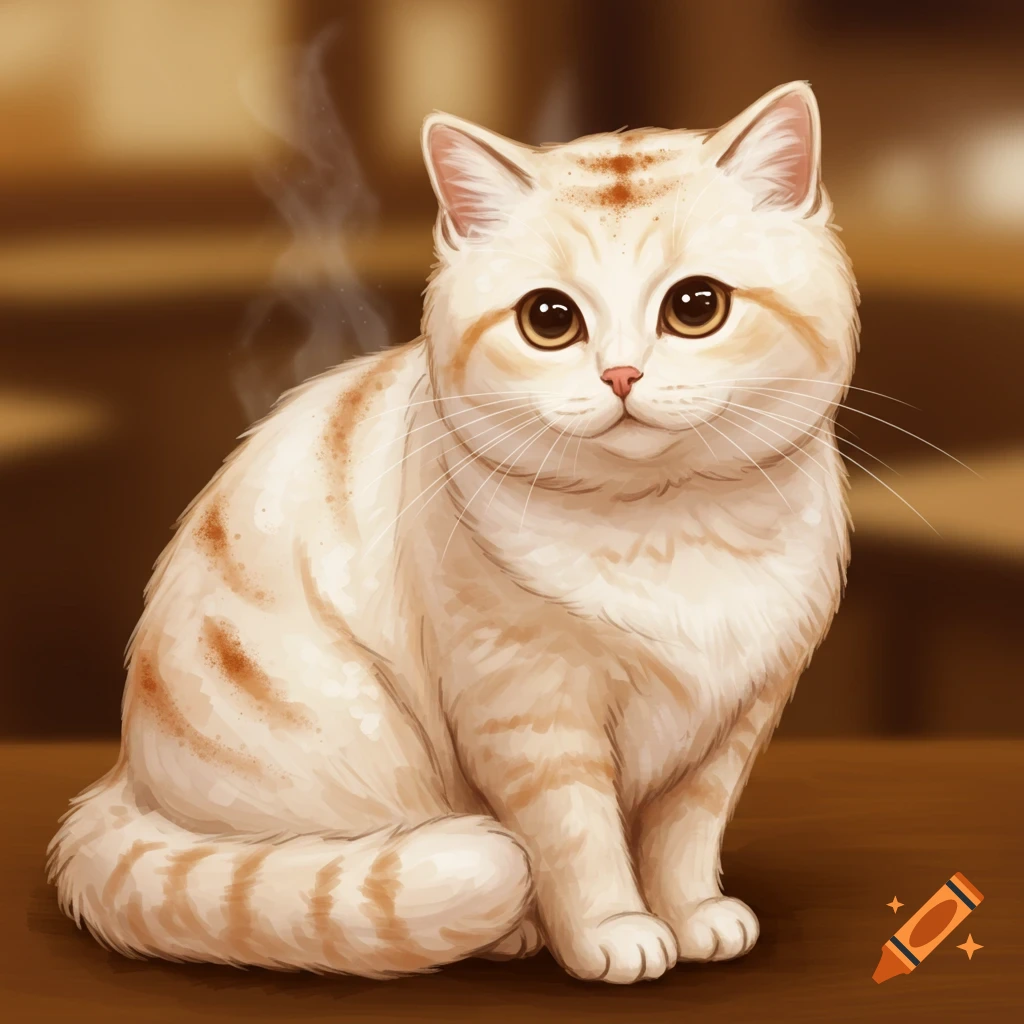 A light-colored cat with orange stripes is sitting, with steam rising behind it