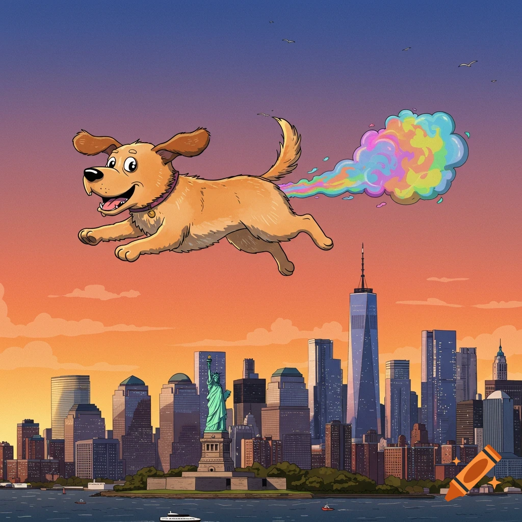 Cartoon dog flying over the New York City skyline, leaving a rainbow cloud trail.