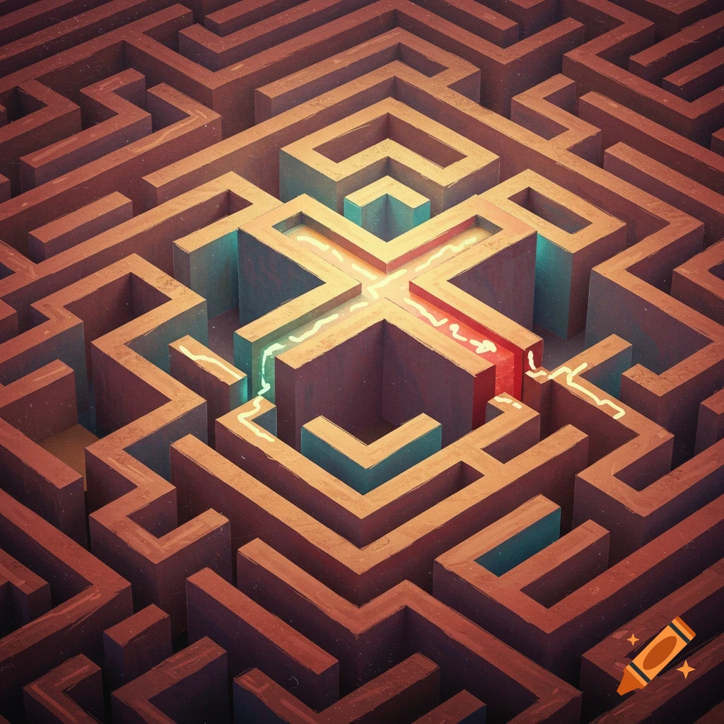 A stylized 3D render of a complex maze with glowing paths.