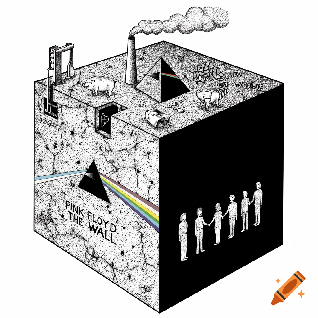Black and white drawing representing Pink Floyd albums 'The Wall', 'Dark Side of the Moon', 'Animals', and 'Wish You Were Here'.