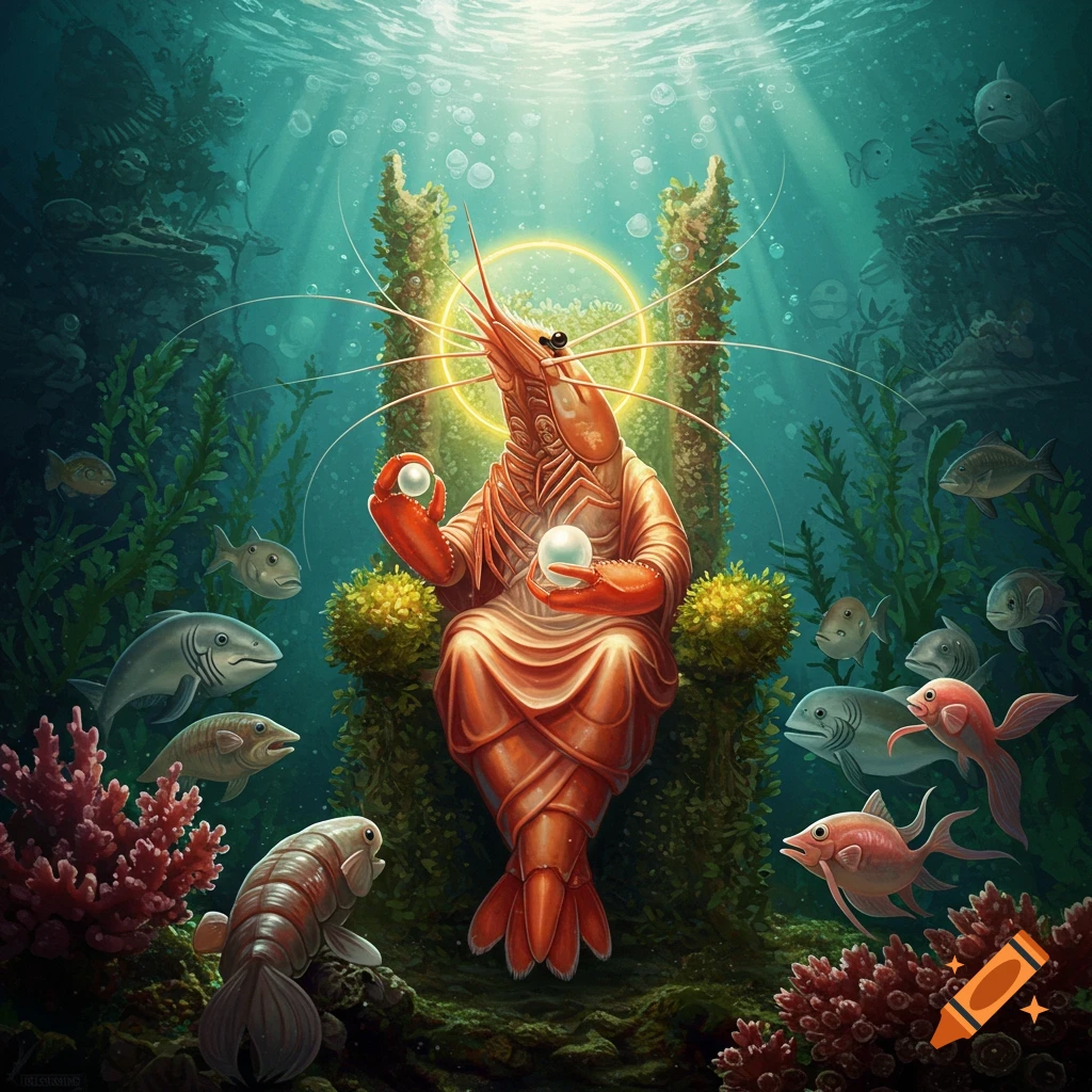 A large shrimp with a halo sits on an underwater throne, surrounded by fish.
