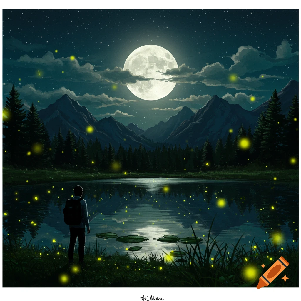 A person stands by a lake at night, surrounded by fireflies, a full moon, and mountains.