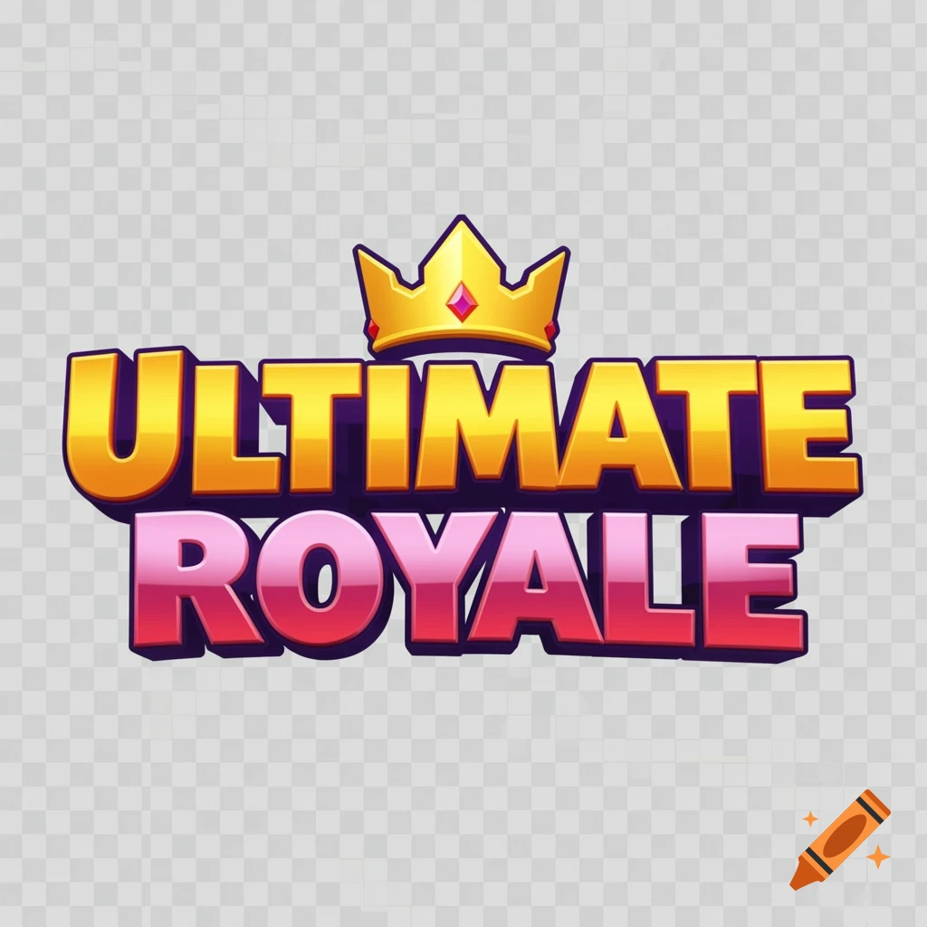 Logo for Ultimate Royale with 3D golden and pink text and a golden crown on a transparent background.