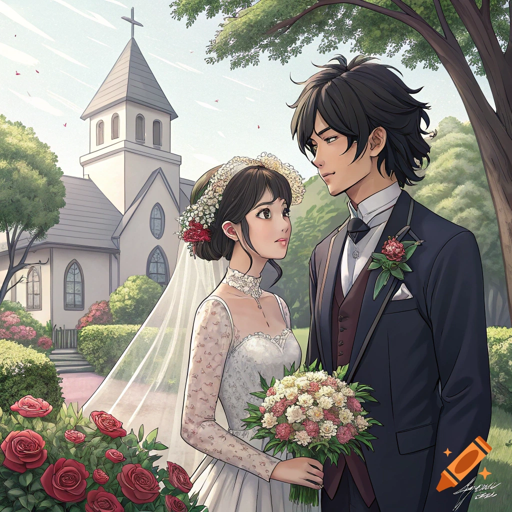 Anime couple, a bride and groom, stand outdoors near a church surrounded by red roses.