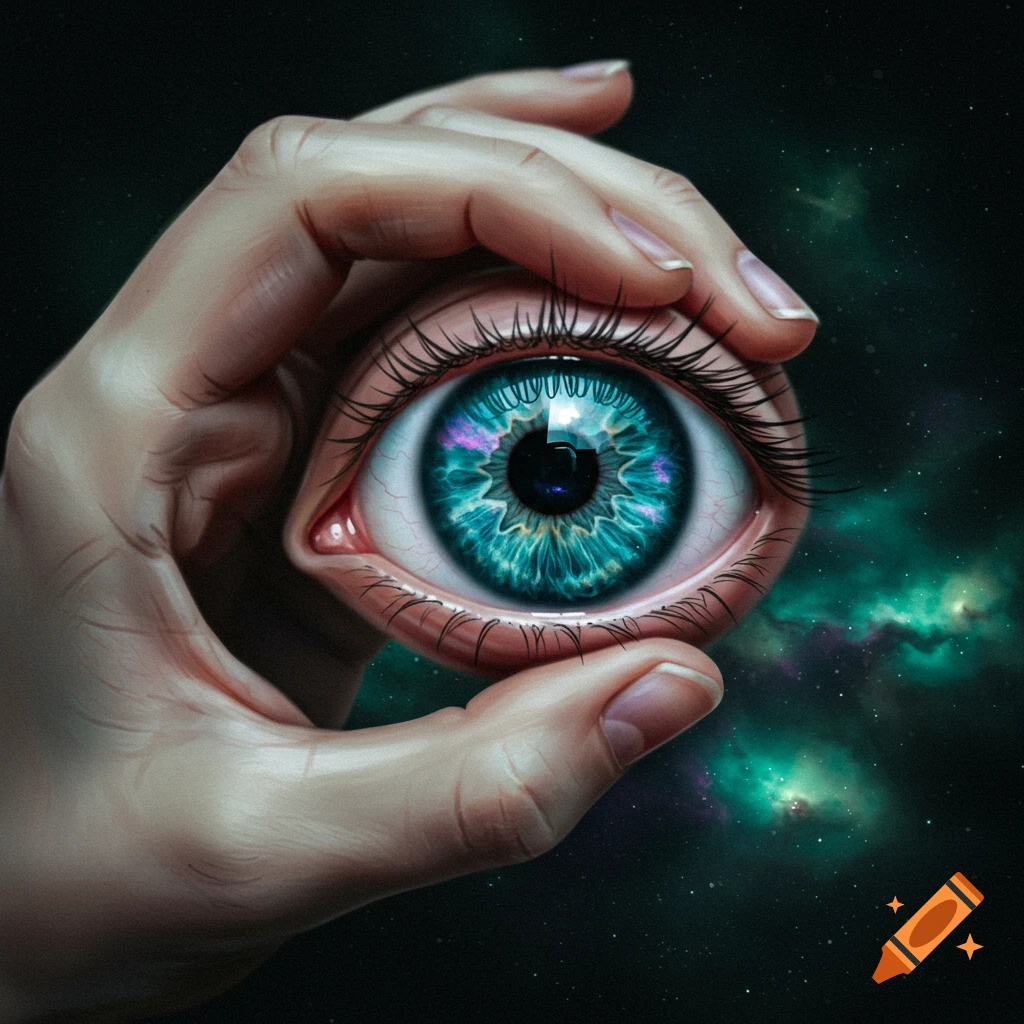 A hand holding a large human eye like a marble, reflecting a galaxy in its blue iris against a starry background.