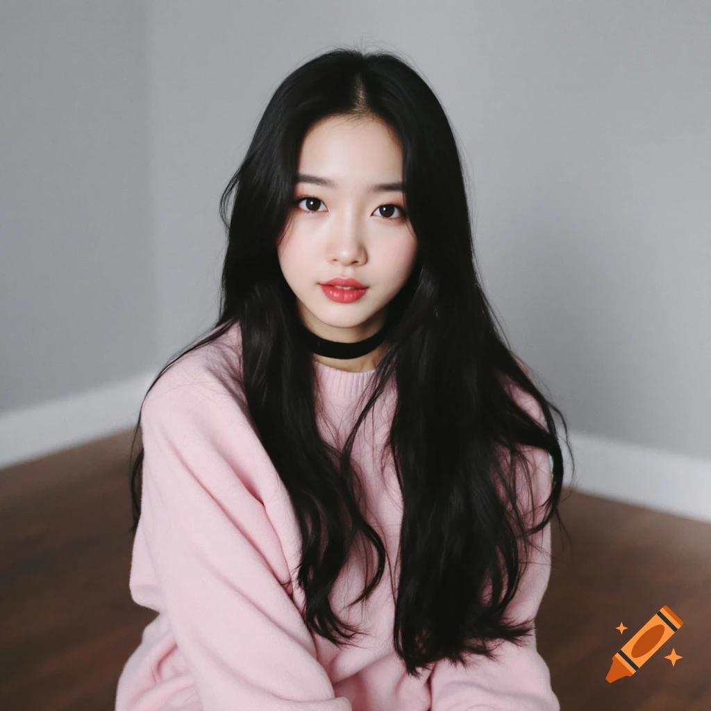 Portrait of a young woman with long black hair, pink sweater, and black choker, sitting on a wooden floor.