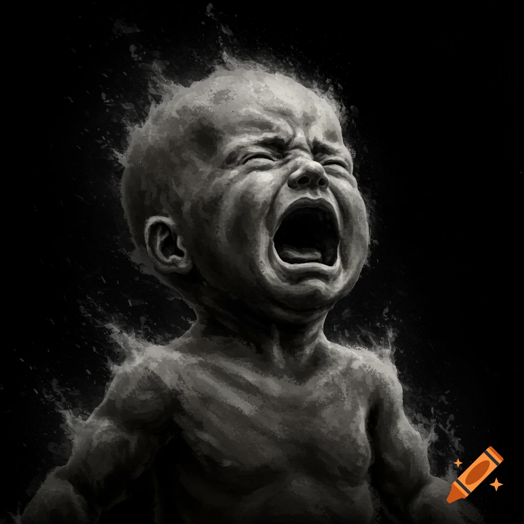Screaming baby dissolving into ash against a black background.