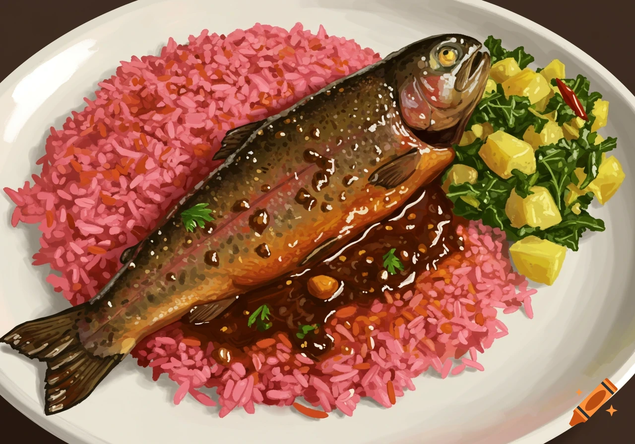 A whole marinated trout is served on a bed of pink rice with a side of green vegetables and yellow potatoes.
